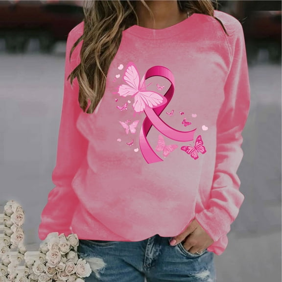 Breast Cancer Shirts for Women,Women's Pink Ribbon Graphic Tee Tops Long Sleeve Round Neck Casual Print Loose Sweatshirts