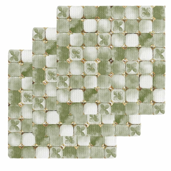 Sage Green Geometric Kitchen Dish Towels for Drying Dishes Set of 3, Modern Abstract Art Botanical Waffle Weave Microfiber Hand Tea Bathroom Towels Quick Dry & Absorbent Towel 12x12