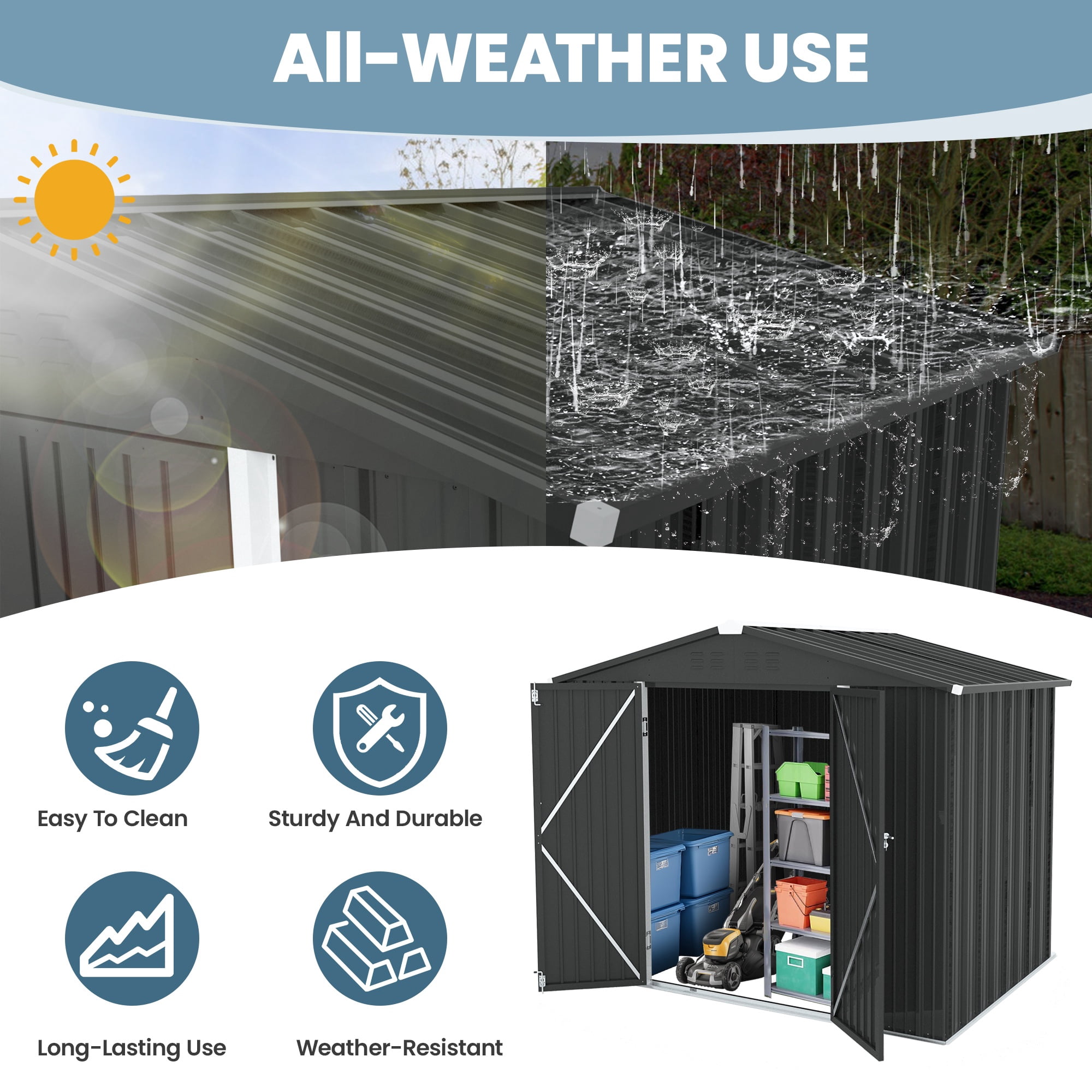 Seizeen 8x6ft Metal Storage Shed, All-Weather Outdoor Utility Shed with Air Vent, Lockable Doors, Sloped Top, Walk-in Garden Tool Shed for Bike Storage