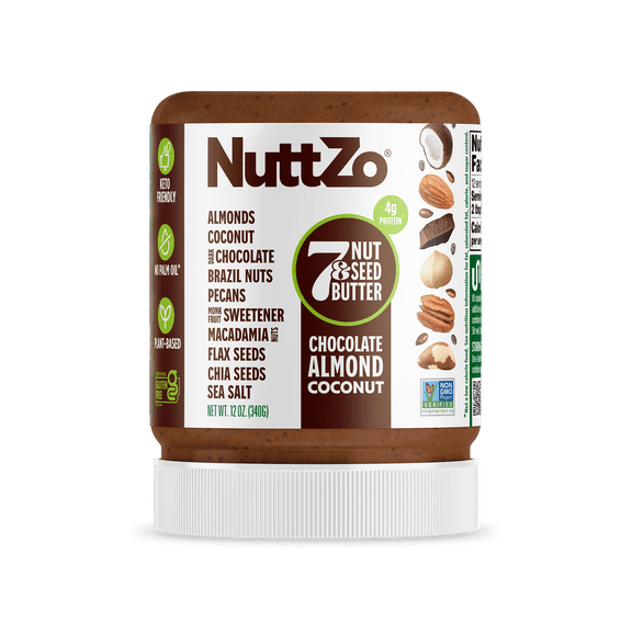 NuttZo, Dark Chocolate Almond Coconut 7 Nut & Seed Butter, Plant-Based, No Palm Oil,12 oz Jar