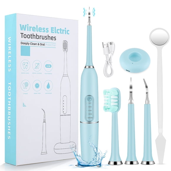 Sonic Electric Toothbrush Cleaning Kit Tooth Cleaner Artifact Flosser Cleaning Brush Head Dental Calculus Remover with tainless steel cleaning head & Mouth Mirror (Blue)