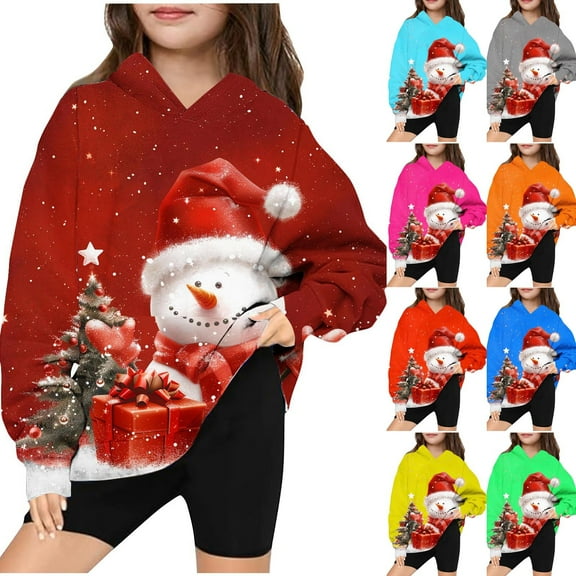MKOSPLRT Christmas Sweatshirt Kids Xmas Hoodies Long Sleeve Oversized Pullover Funny Snowman Graphic Sweat Shirts 4-14 Years