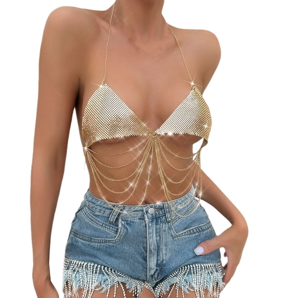 Gibobby Camisola colgante de cuello halter de lentejuelas de metal sexy de color sólido para mujer(Dolado,Talla única)