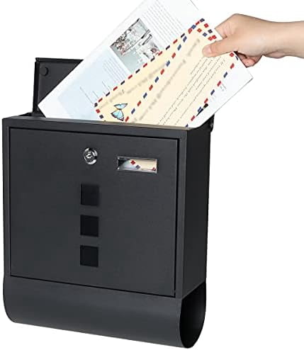 Locking Mailbox Wall Mount, Black Mailboxes with Secure Key Lock and Newspaper Compartment, Key Lock Drop Box Large Capacity with Galvanized Cover and Rust-Proof Metal Mailbox, HPB2210 Black