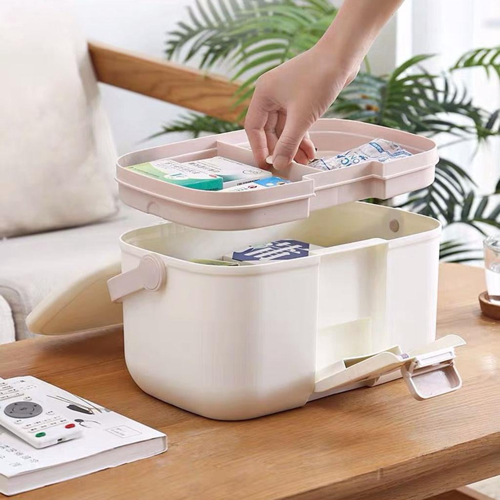 Household Large Capacity Medicine Storage Box with Small for Pill Organizer Handle Double Layer Removable Tray First Aid