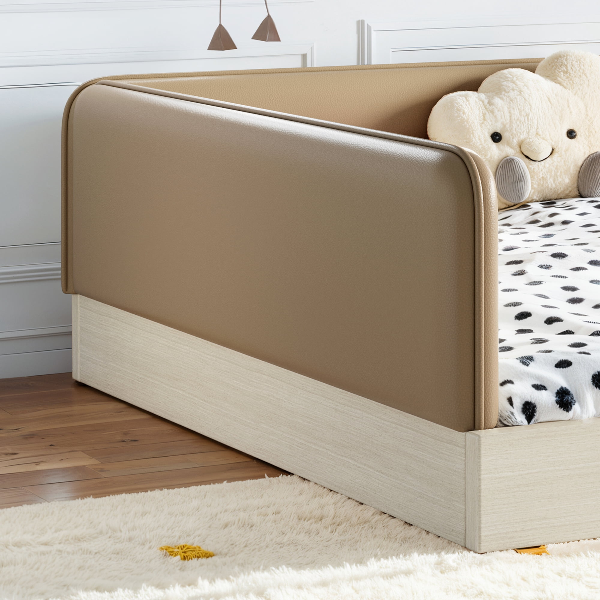Queen Upholstered Floor Bed 82.68 Inch, Faux Leather Montessori Bed with Removable Guardrails, Low Profile Platform Bed for Kids, Brown