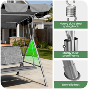GVDV 3-Person Porch Swing, Outdoor Patio Swing with Adjustable Canopy and Steel Frame for Garden and Backyard, Grey