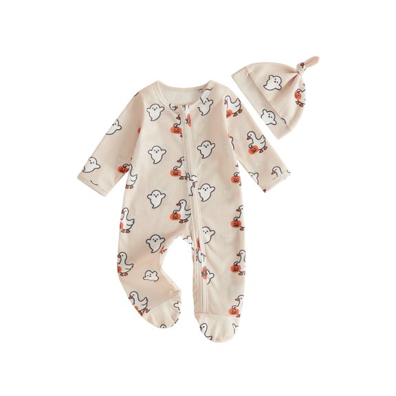 RUINIXCW Newborn Baby Boy Girl Halloween Outfit Fall Winter Clothes Waffled Footed Romper Ghost Pumpkin Print Long Sleeve Zip Up Footie Jumpsuit Hat