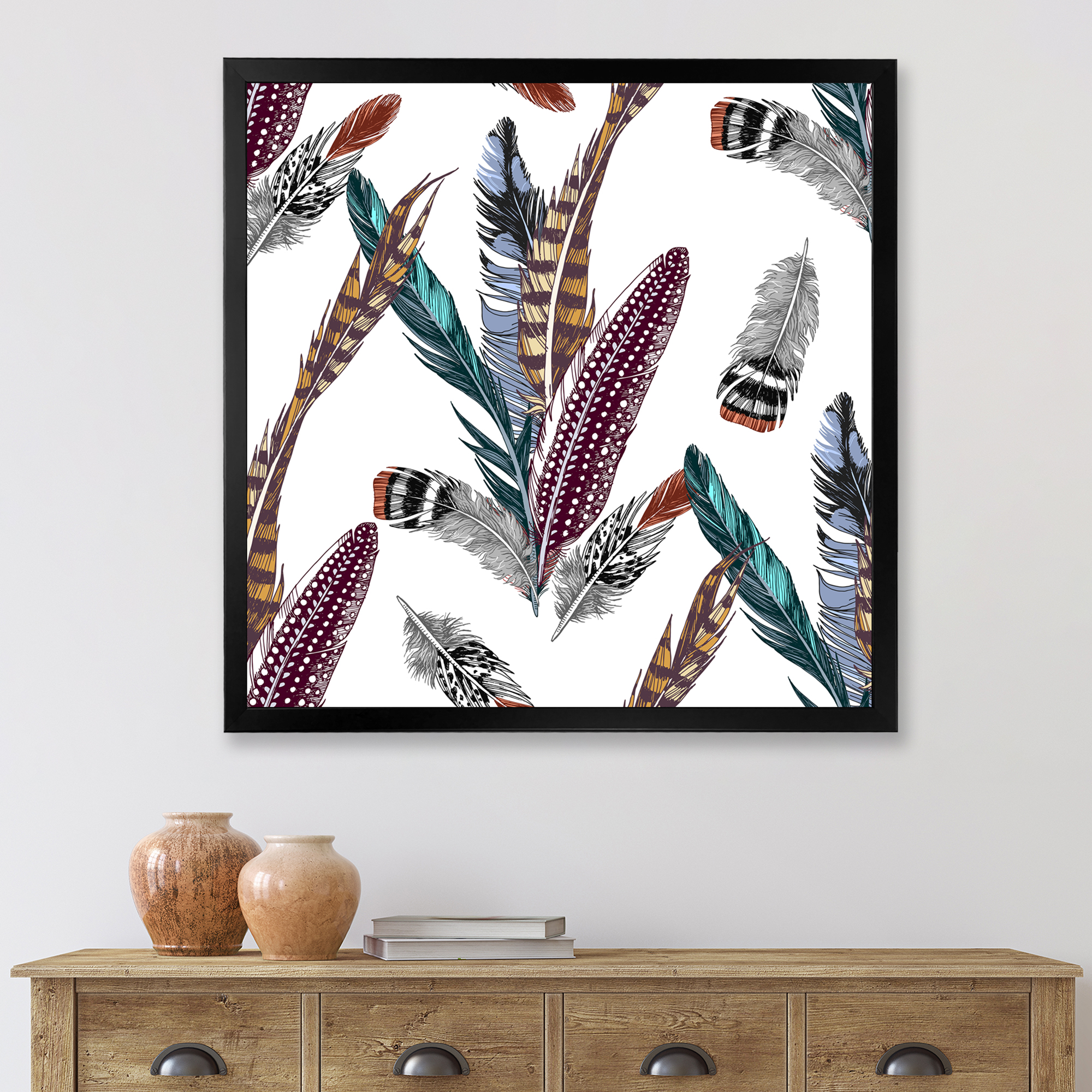 Designart 'Colourful Boho Art Feather Set V' Bohemian & Eclectic Framed Art Print