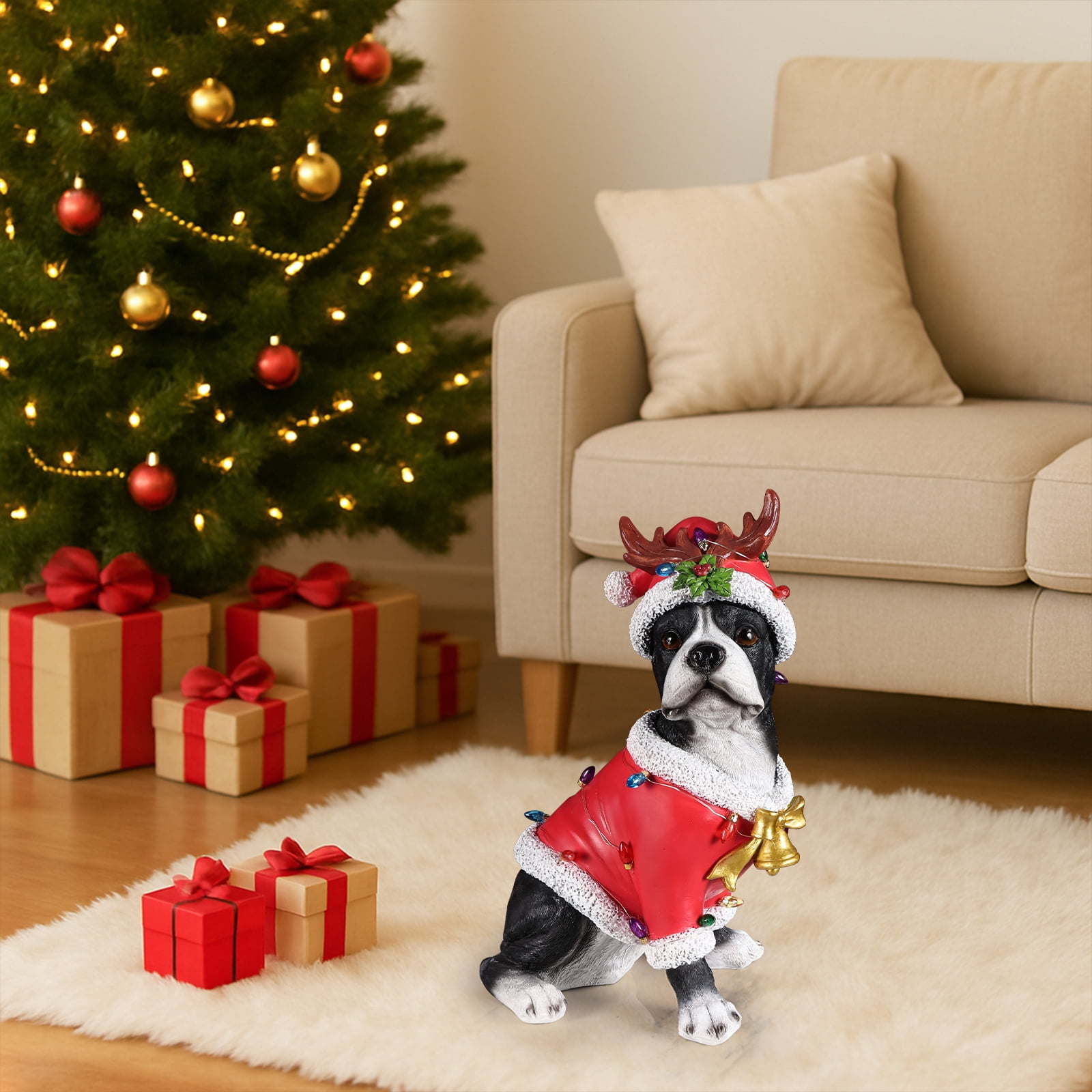Boston Terrier Christmas Dog Statue with Santa Outfit Reindeer Antlers Holly Accents Tabletop Decor