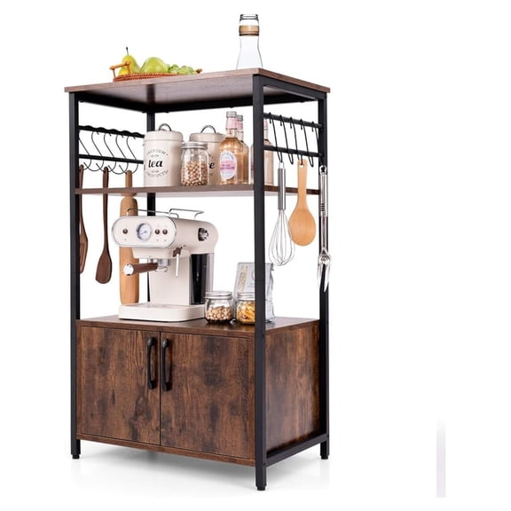 Kitchen Baker's Rack with Cabinet, 3-Tier Pantry Cabinet with 2 Open Shelves, 10 S-Shaped , Industrial Microwave Oven Stand with Metal Frame, Bookshelf Rack for Living Room, Brown