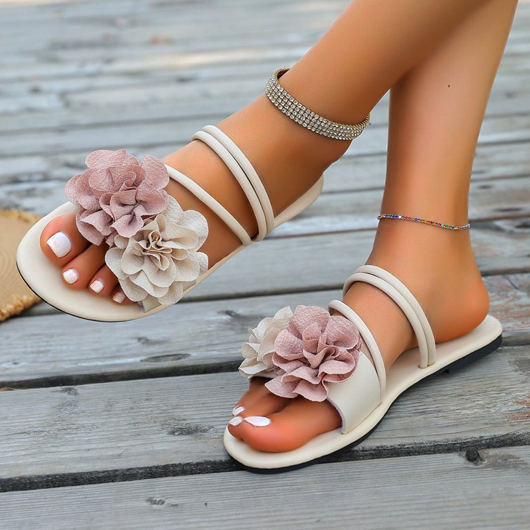 beige flat dress sandals Homedm Womens Sandals Open Toe Slip On Summer Comfortable Strappy Flats Slides Sandals Dressy Florals, Beige Size 9, Women's