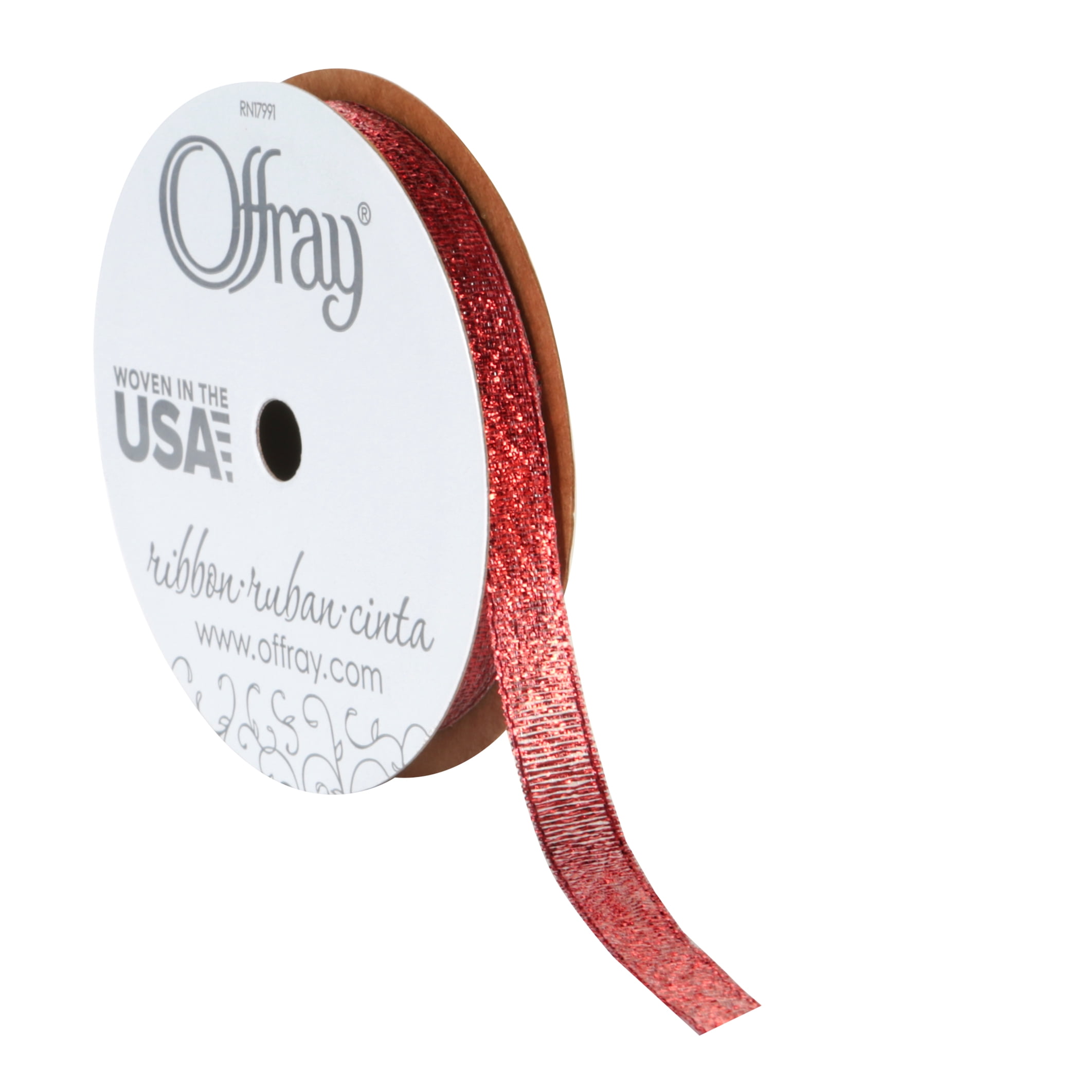 (3 pack) Offray Ribbon, Red 3/8 inch Galena Metallic Ribbon for Wedding, Crafts, and Gifting, 9 feet, 1 Each