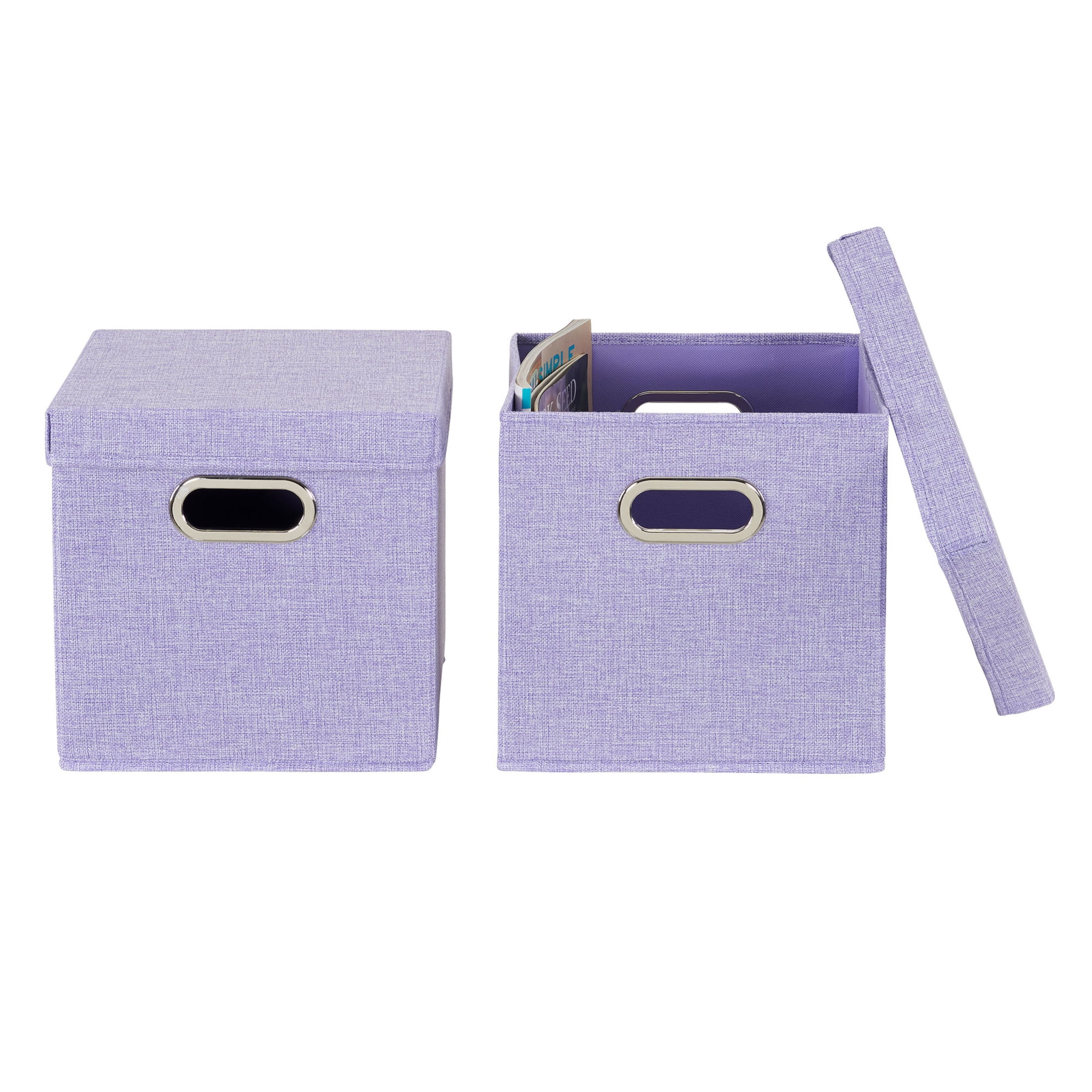 Household Essentials Storage Bins with Lids and Chromed Grommet Handles, Set of 2, Light Purple Textured Linen Look, Fits Standard Cube Shelves