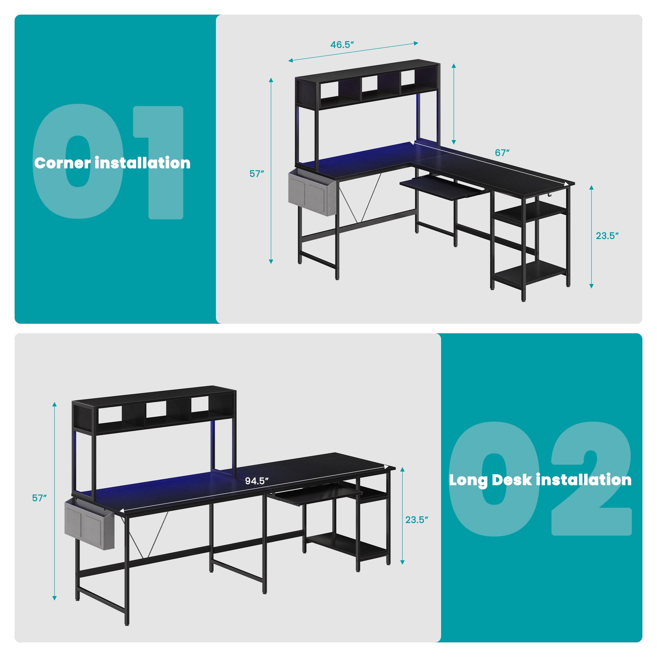 EDX 67'' L Shaped Computer Desk with LED Light, Shelf & Storage Bag & Keyboard Tray Corner Desk, Black