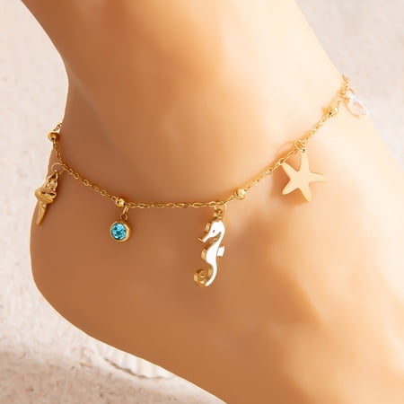 NICKSUN Stainless Steel Anklet - Colorfast Gold-Toned Ocean Series with Seahorse, Starfish & Shell Charms, Trendy Foot Jewelry