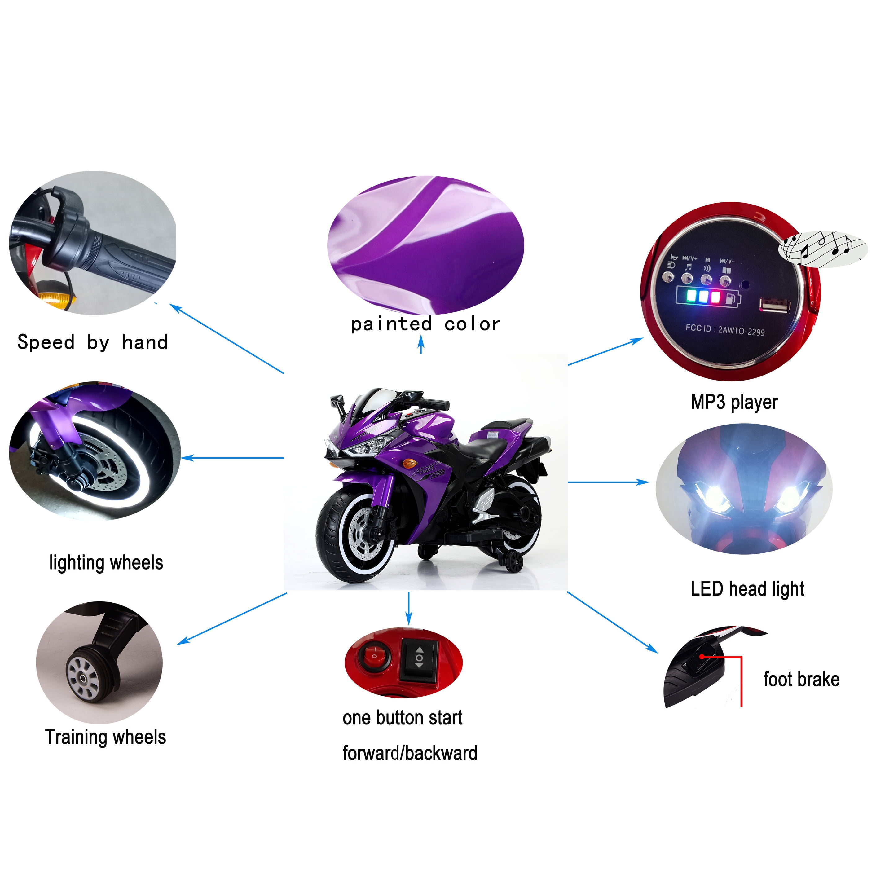 HNH 12V Ride on Motorcycle for Kids 3-8 Yeas, Battery Powered Dirt Bike for Child Electric Motorcycle with Light Wheels,Bluetooth, 4Mph