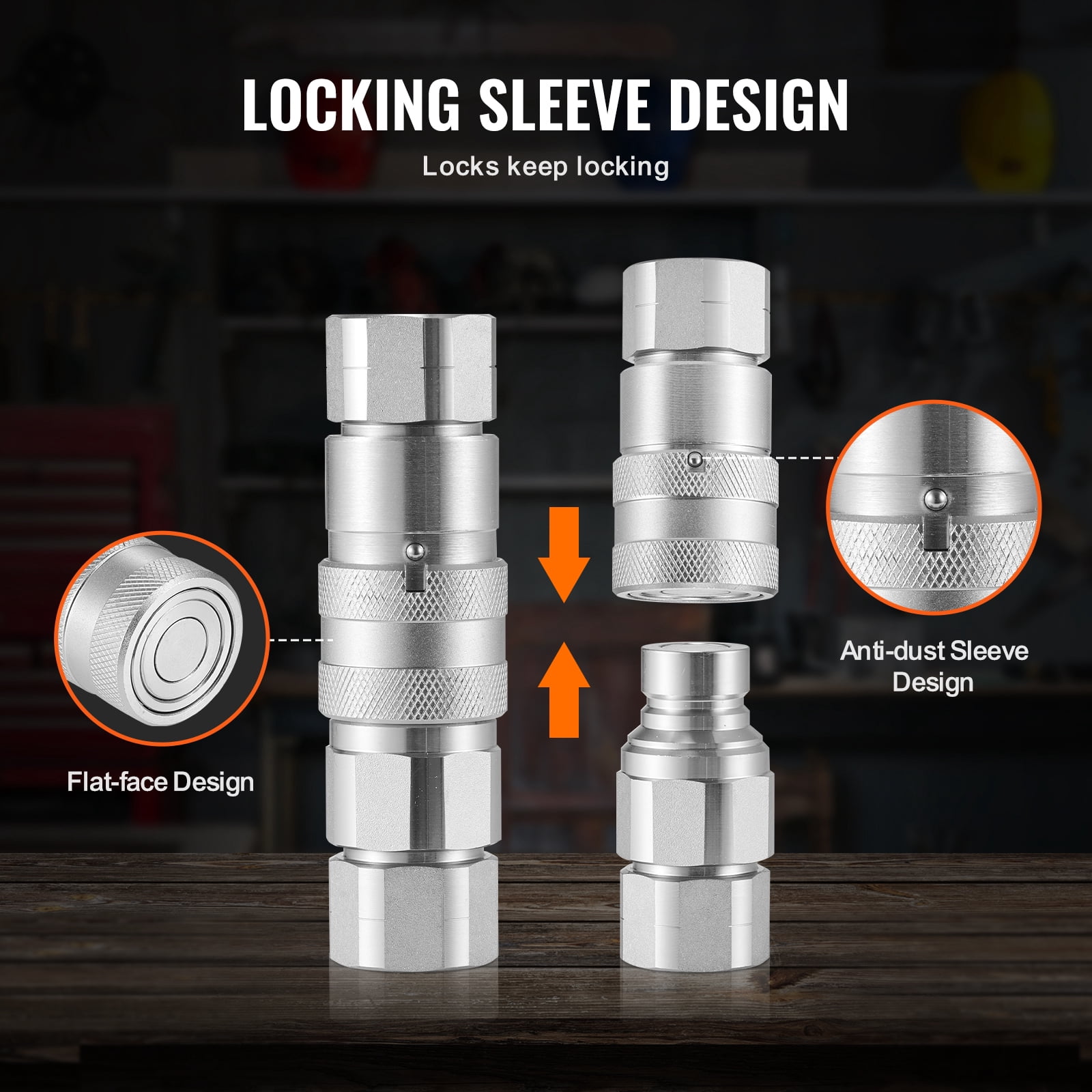 KFFKFF 1/2" Flat Face Hydraulic Quick-Disconnect Coupling Set, 1/2" NPT Interface for Skid Steers, Includes 4 Protective Dust Caps, Compliant with ISO16028 Standards