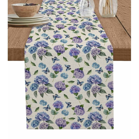 Purple Blue Hydrangea Table Runner Cotton Linen 36 Inch Holiday Dresser Scarves, Pastoral Butterfly Botanical Tablerunner for Kitchen Coffee Dining Bedroom Living Room Dinner Scarf Décor 13''x36''