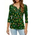 thumbnail image 5 of WTOBBY Women's Christmas Snowflake Tree Print V-Neck Decorative Button 3/4 Sleeve T-Shirt, Ladies Holiday Fashion Top for Seasonal Wear, Comfortable Casual Blouse,Dark Green XL, 5 of 5