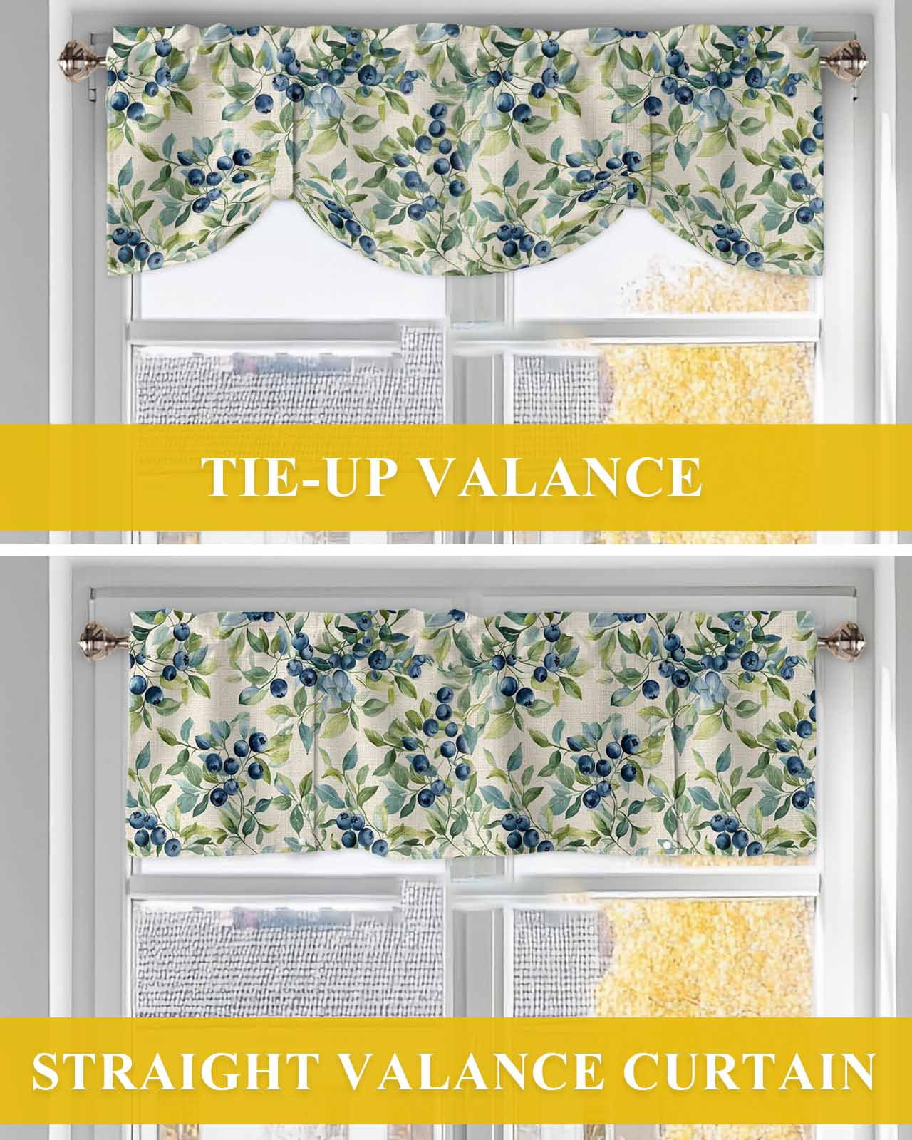 Blue Blueberry Tie Up Valances Curtain, Adjustable Kitchen Green Leaf Pastoral Plant Vintage Linen Valances for Windows Decor, Rod Pocket Short Curtains Set for Bedroom/Bathroom, 54"x18"