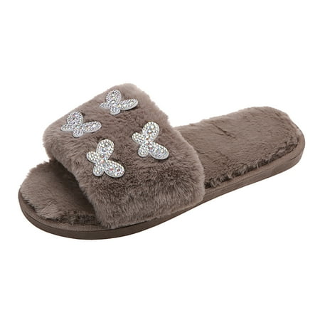 

shpwfbe slippers for women ladies fashion rhinestone butterfly decorative open toe comfort flat cotton slippers for women indoor and outdoor womens slippers
