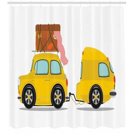 Outdoor Themed Bathroom Decor Happy Camper Shower Curtain, Retro Car with Trailer Cartoon Outdoor Activity Theme Vacation Illustration, Fabric Bathroom Set with Hooks, 69W X 70L Inches, Multicolor, by Ambesonne ()