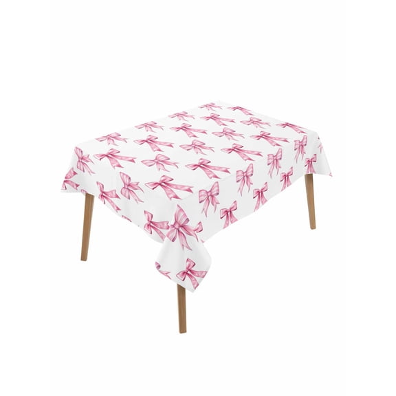 Cute Pink Bow Table Cloth, White Sweet Modern Watercolor Waterproof Tablecloth for Rectangle Tables, Reusable Washable Fabric Table Cover for Restaurant Kitchen Dining Tables 52"x70"