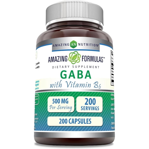Amazing Formulas GABA with Vitamin B6 500 Mg Per Serving 200 Capsules Supplement | 200mg of Gaba & 5mg of Vitamin B6 | Non-GMO | Gluten Free