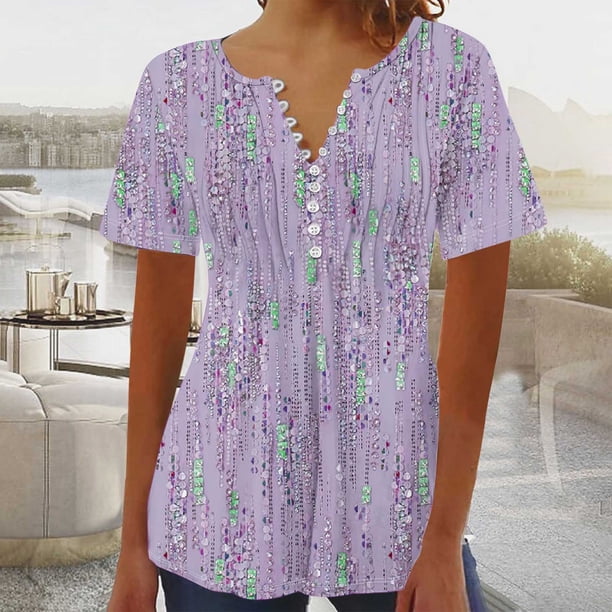 Fiudx Camisetas para Mujer Top Corto con Botones y Cuello En V Estampado para Mujer