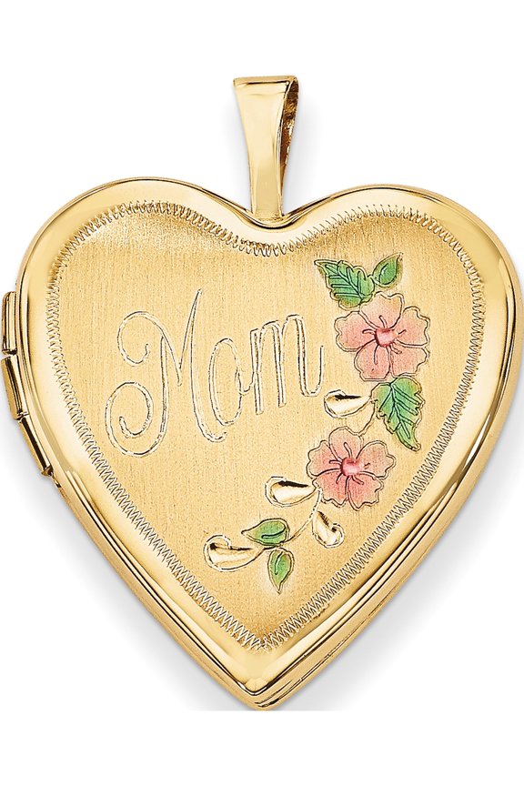 14K Yellow Gold 20mm Enamel Flowers Mom Heart Locket (24x20mm) Pendant / Charm