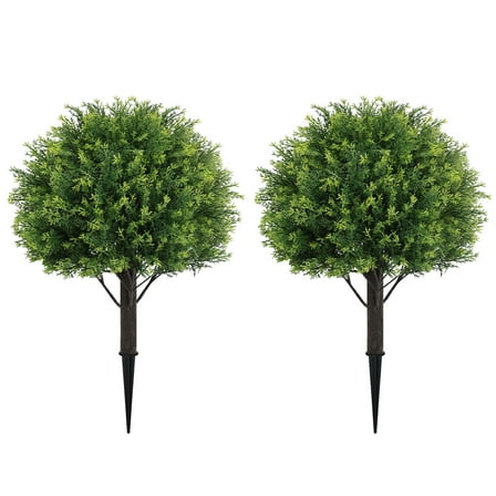 Artificial Set of 2 Cedar Topiary Ball Trees 16" for Outdoors with Ground Spike