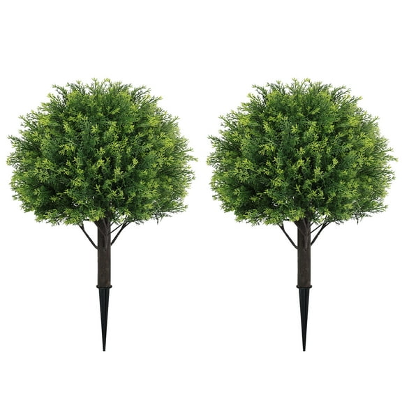 Artificial Set of 2 Cedar Topiary Ball Trees 16" for Outdoors with Ground Spike