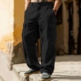 thumbnail image 2 of Mens Baggy Cargo Pants Cotton Linen Button Closure Loosepants Casual Outdoors Work Black 2XL, 2 of 9