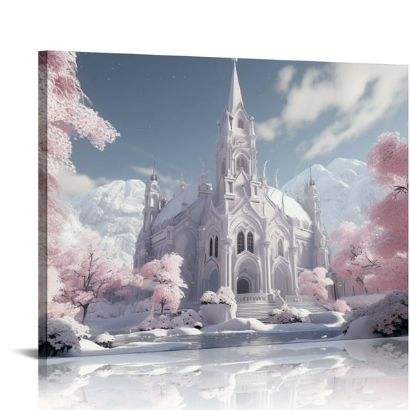 QCPP Frame Winter Wall Art Snow Tree Canvas Wall Decor Snowing village Hang Artwork Christmas Gift Prints Snowy Mountains and Castle painting for Rustic House Living Room Bedroom