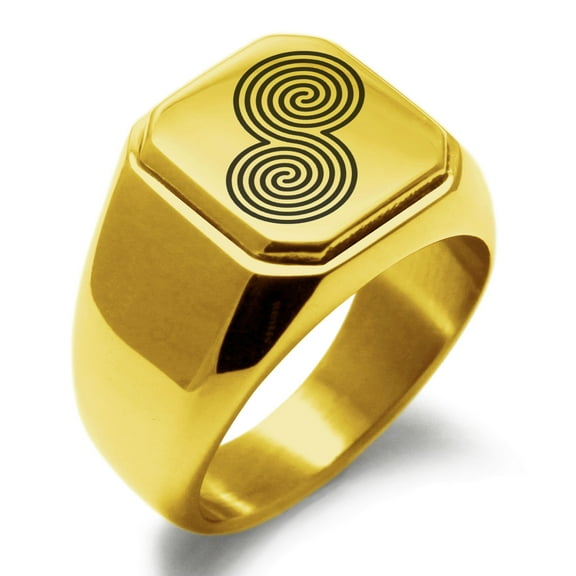 Stainless Steel Celtic Double Spiral Epona Engraved Square Flat Top Biker Style Polished Signet Ring