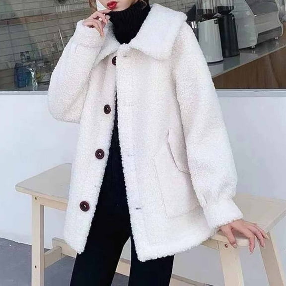 Ailaofu Faux Fur Coat For Women Winter Lapel Plush Jacket Outerwear