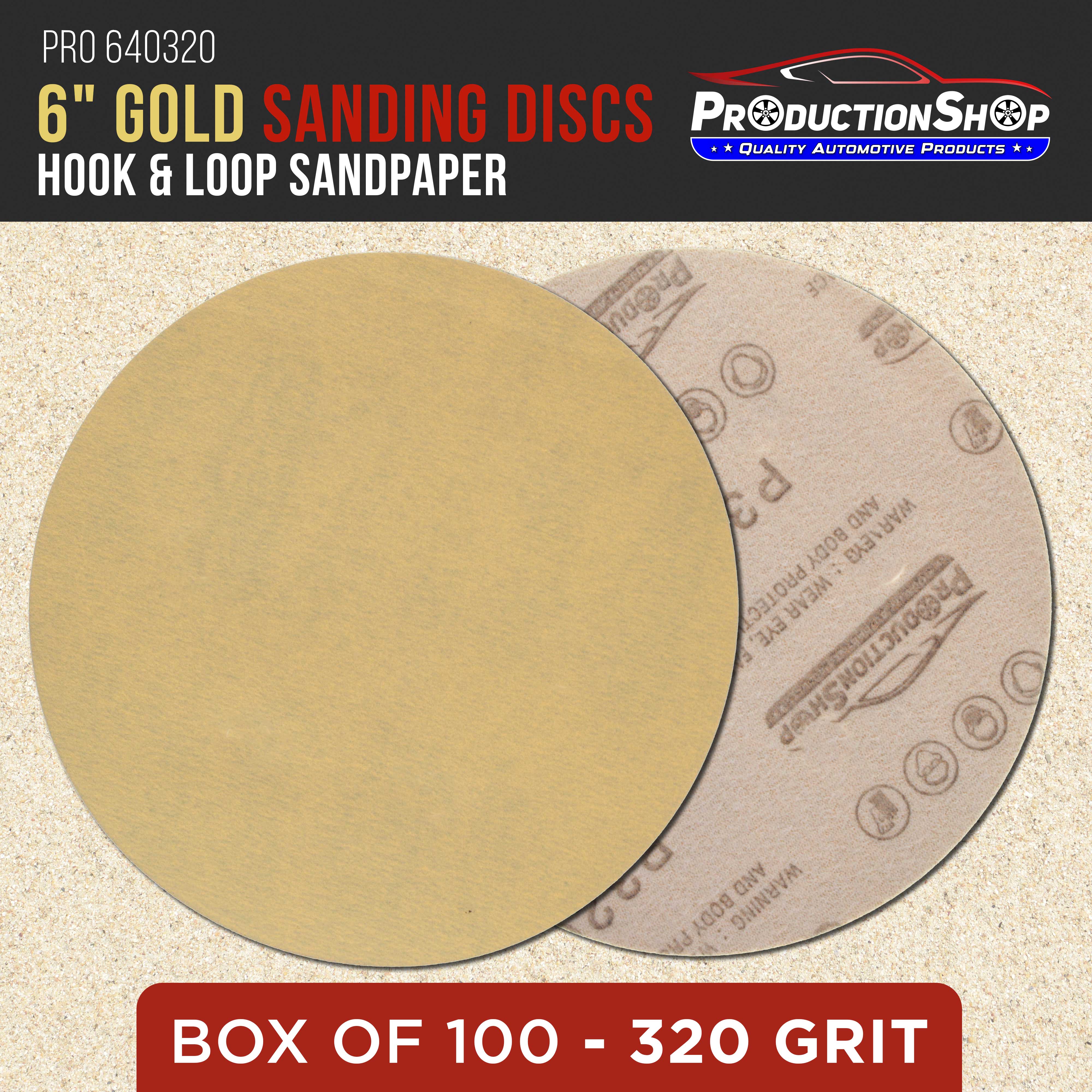 ProductionShop Premium 320 Grit 6" Gold Sanding Discs, Box of 100 - Hook & Loop Backing Abrasive Sandpaper for DA & Random Orbital Sanders - Sand Auto Paint, Metal, Wood, Woodworking Furniture