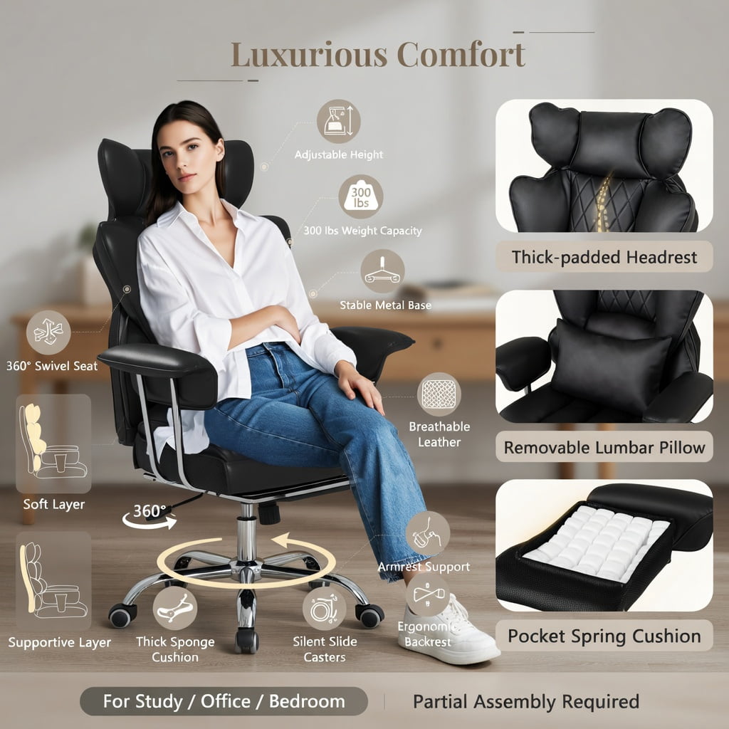 Spaco Big and Tall Executive Office Desk Chair with Footrest-Black, Home Office Computer Desk Chair, Ergonomic Office Chair for Bedroom,Study