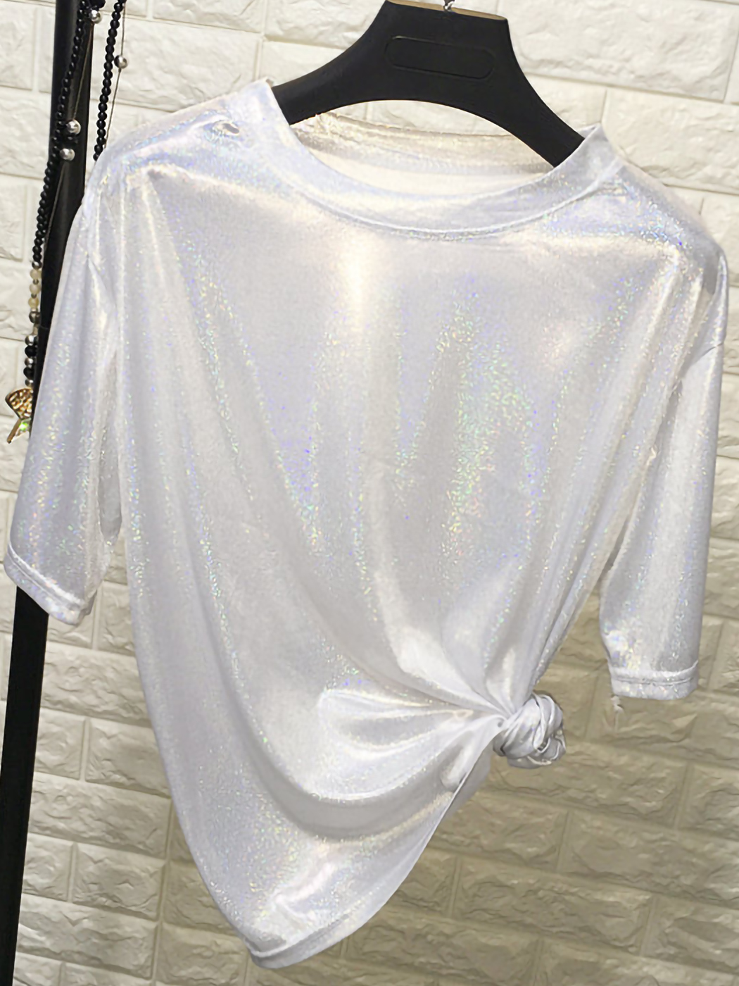 Women's Holographic Metallic Shirt Ultra Soft Top Glitter Party Disco Blouse - image 3 of 6