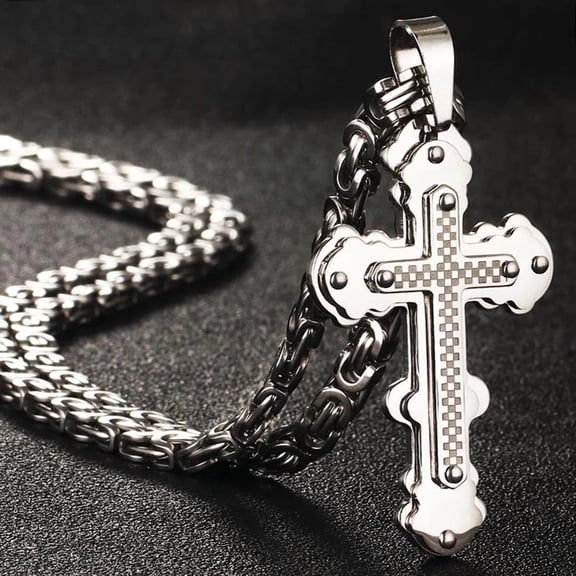 Men's Cross Necklace, Silver, Gold, and Two-Tone Stainless Steel Cross Pendant Necklace, Cuban Chain, 24 inches.