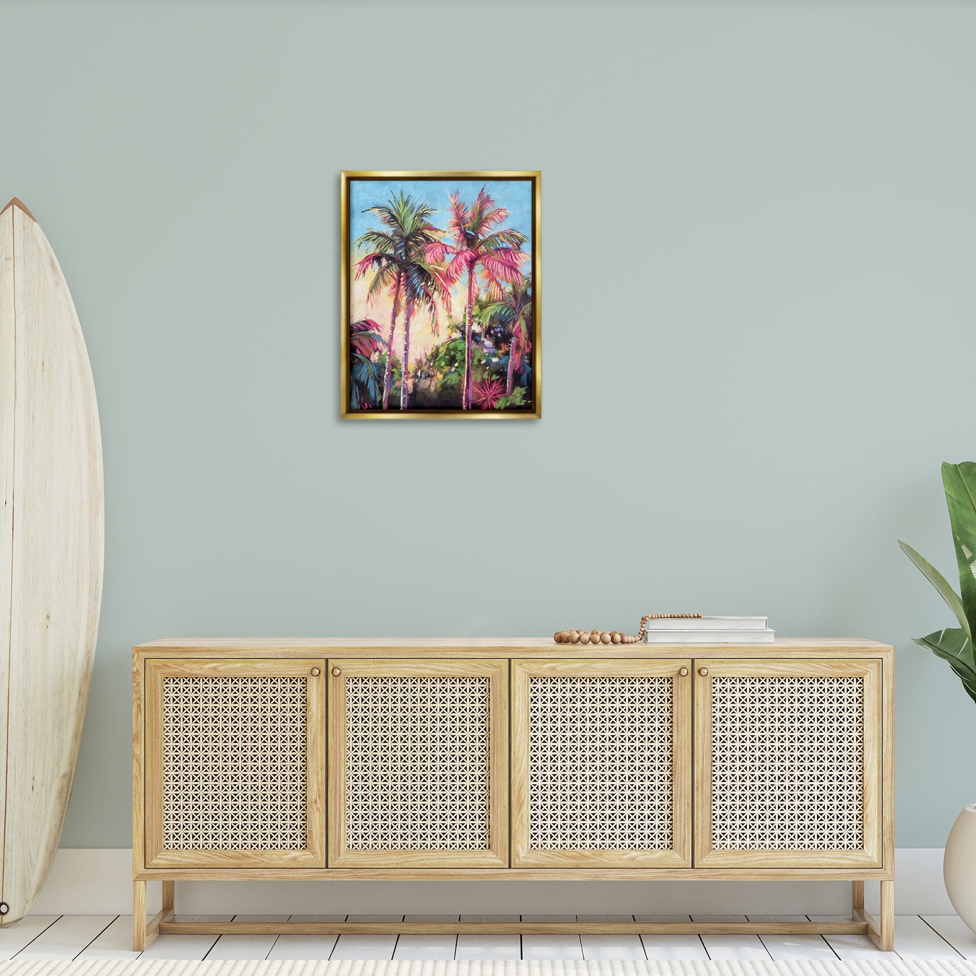 Stupell Industries Tropical Palms Pink Details Landscape & Nature Painting Gold Floater Framed Canvas Art Print Wall Art, 25 x 31