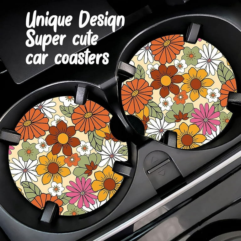 Boho Car Cup Holder HP29 Coasters, Fun Hippie Car Accessories Interior  Aesthetic for Women/Girls, Cute Retro Car Decoration Gifts (Flower) 