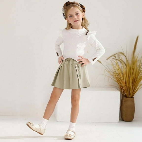 CUZIBR Little Girls Toddler Pleated Skirts Solid Color Elastic Waist School Uniform Skirt Comfortable Button A-Line Cozy Stylish Skirts Tennis Golf Pull-On Dailywear,Khaki,3-4 Years