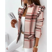 Women's Plaid Blazer Jacket Long Sleeve Casual Slim Thin Blazers Elegant Office Stand Up Collar Zipper Suit Coat
