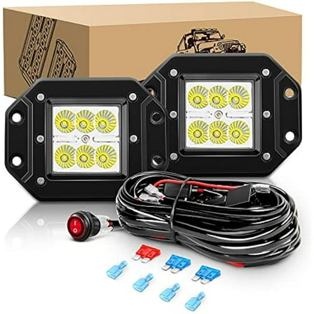 Waywe Led Light Bar 2 PCS 18W Flood Led Pods LED Work Light Flush Mount Backup Fog Lights Driving Lamp with Off Road Wiring Harness kit for Truck Dodge Ram Bumper Boat 4x4