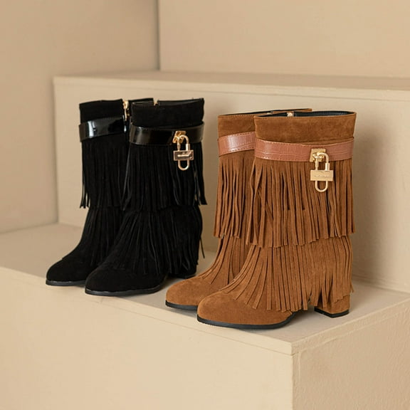 Lovzfmll Cowboy Boots for Women, Fringe Mid Calf Suede Metallic Chunky Heel, Round Toe Cowgirl Chelsea Boots Fall Black Boots