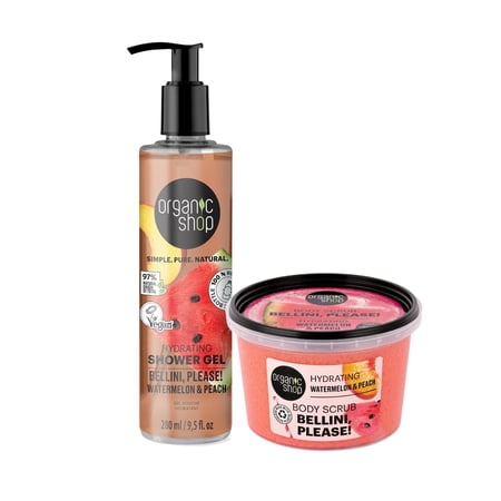 Organic Shop Watermelon & Peach Exfoliating Body Scrub + Skin Hydrating Shower Gel, 100% Vegan & Organic, Daily Exfoliant, Detox & Moisturizer, Body, Face, Hand & Foot, Intensive Care & Skin Toning