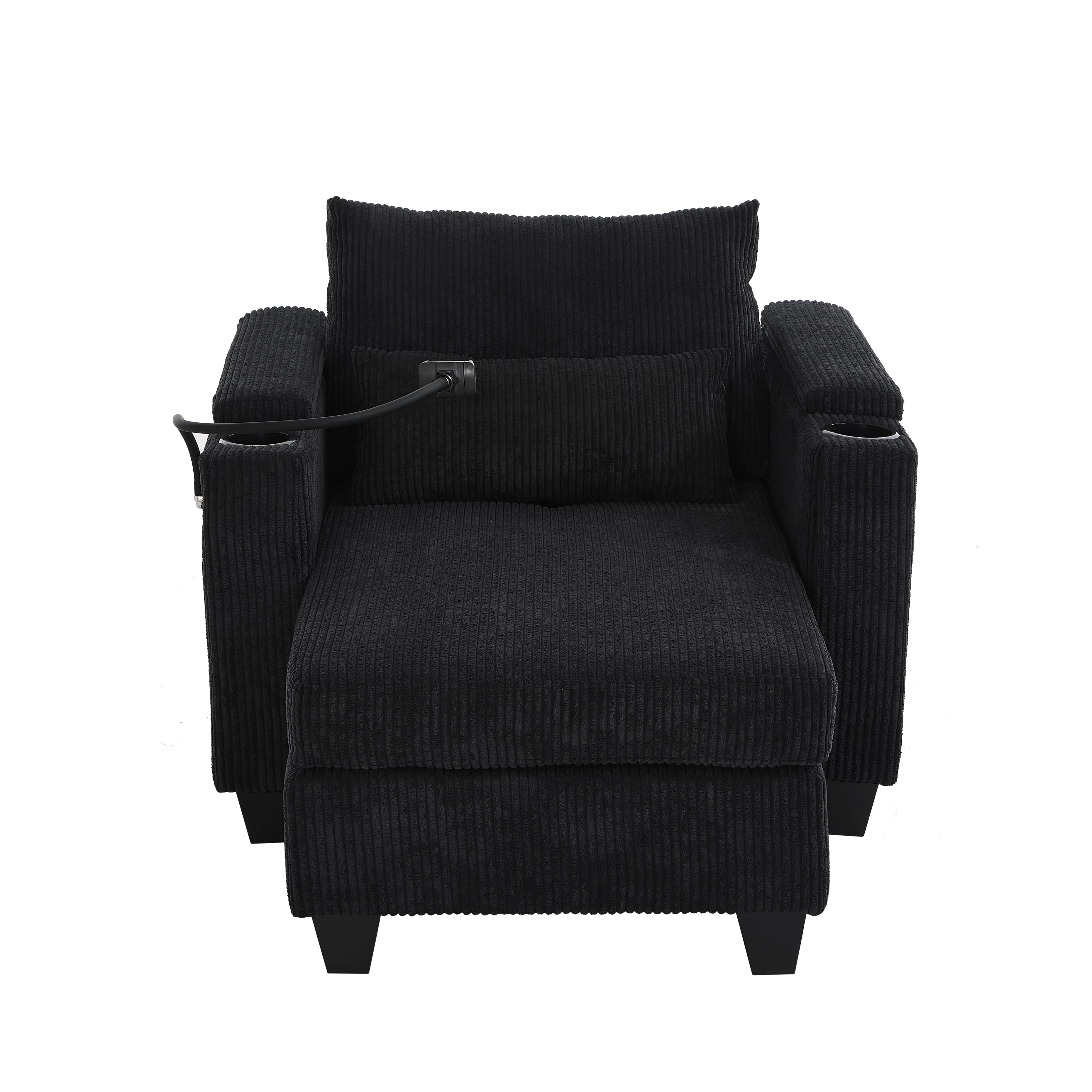 Euroco Convertible Sofa Chair with Chaise Lounge Extension, Hidden Armrest Storage, USB Charging Ports, Phone Holder & Cup Holders, Corduroy Fabric Recliner with Lumbar Pillow, for Small Spaces