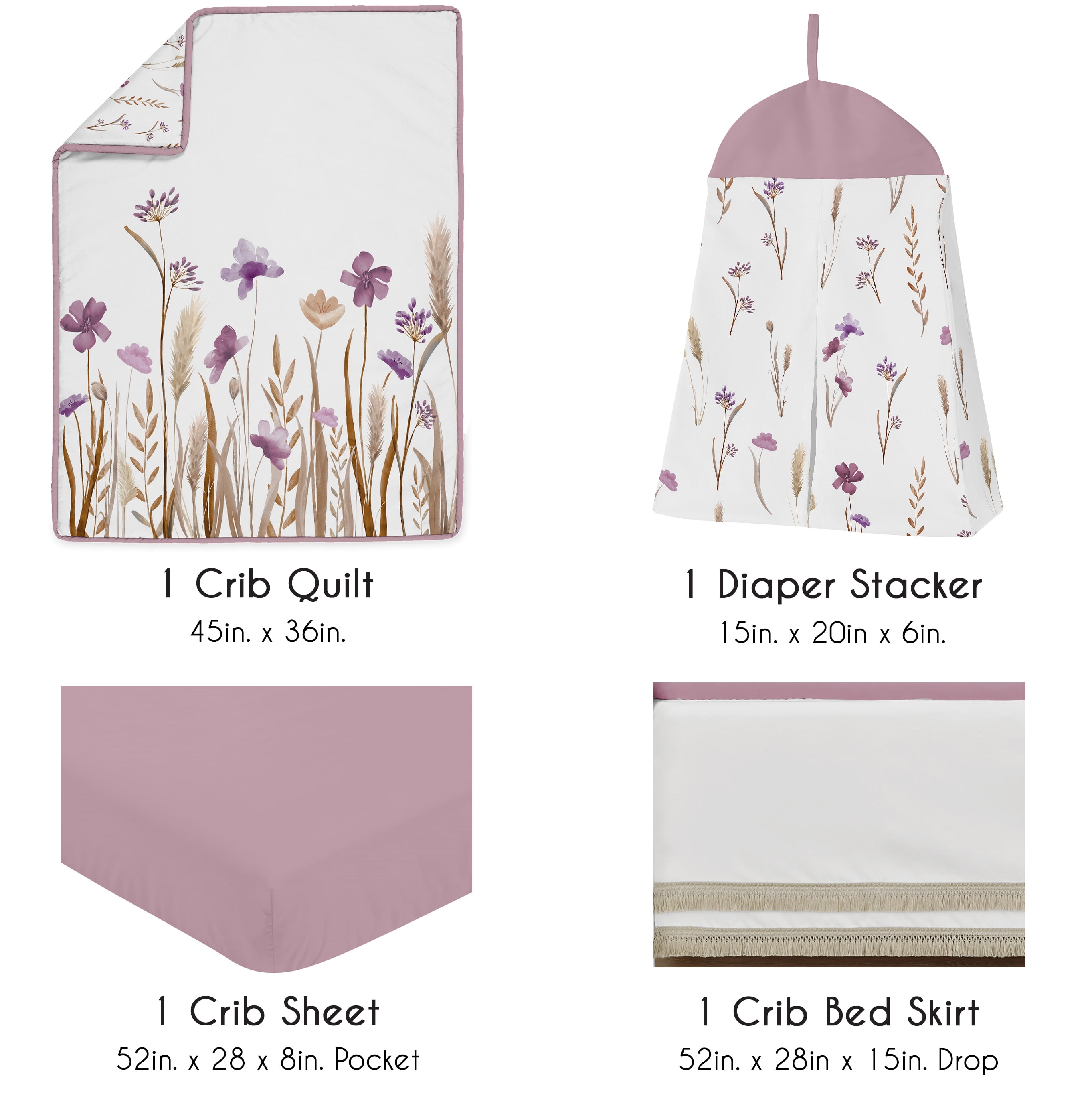 Sweet Jojo Designs Watercolor Floral Garden Purple Girl Crib Bedding Set 4 Piece